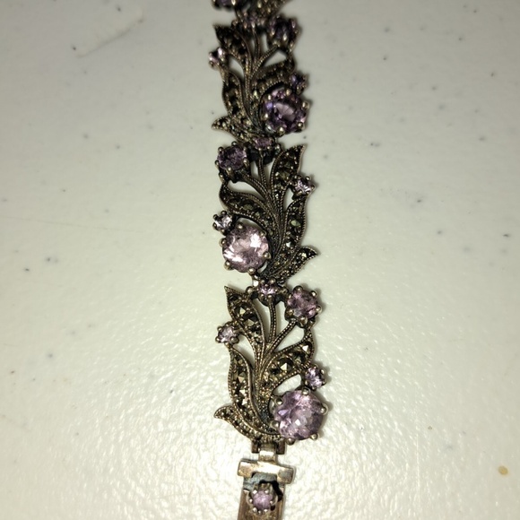 Beautiful Vintage Sterling Silver Amethyst Marcasite Flower Leaf Bracelet - Picture 2 of 12